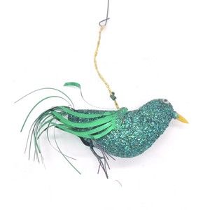 Vintage MCM Christmas Ornament Green Glitter Bird 5" Long Wire Feet Mid Century?